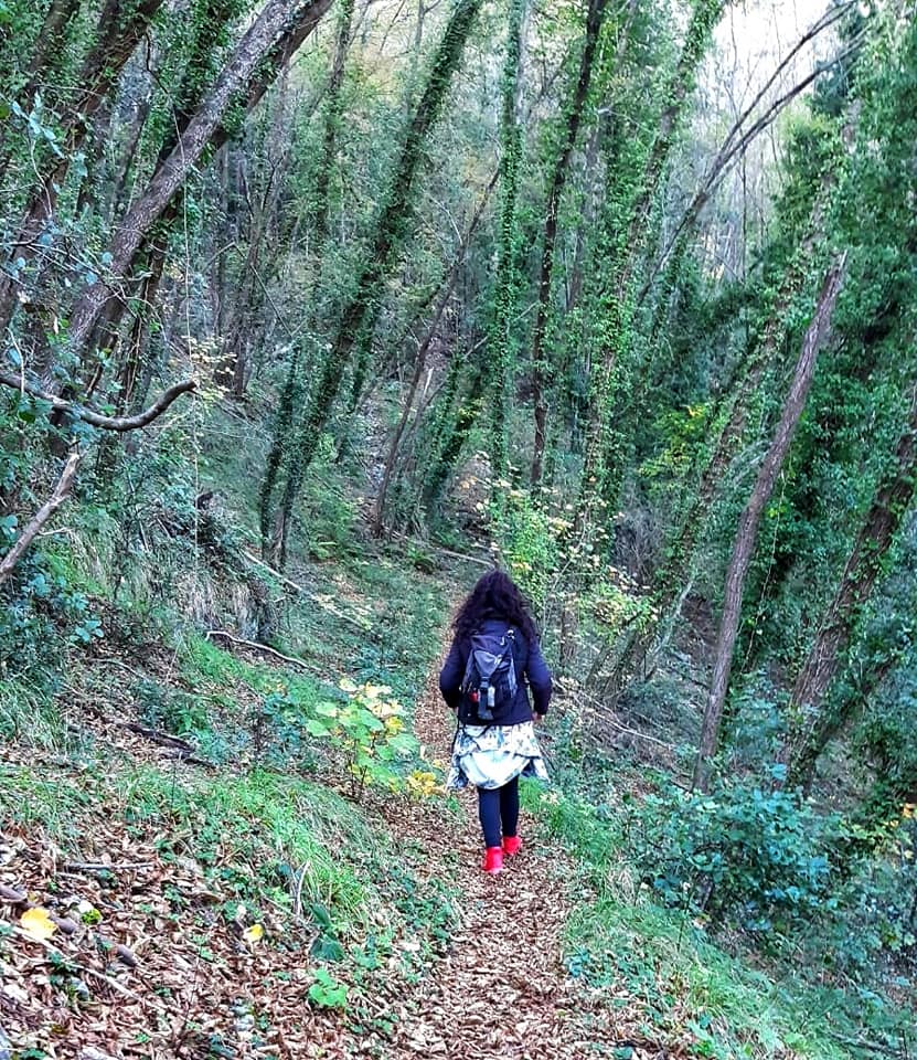 Meditazione camminata, donna che cammina sola in un bosco